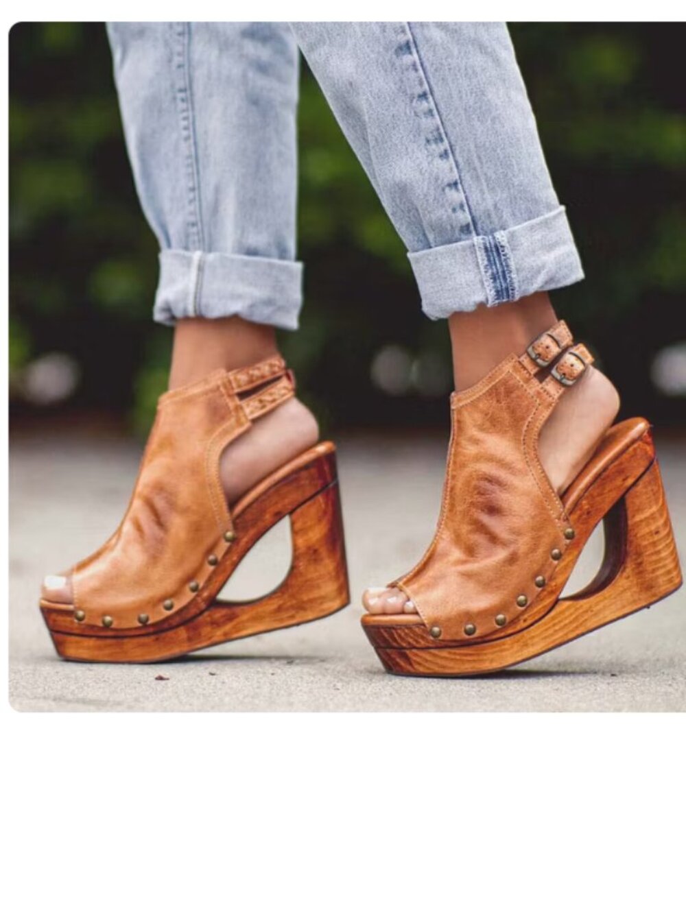 FSJ Tan Cutout Open Toe Double Buckle Strap Studded Platform Clog Heels